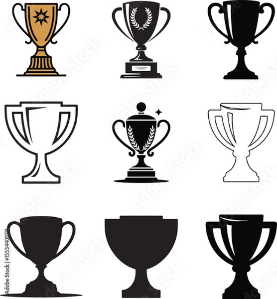 Obraz Trophy Vector Icon Set | Black and White Award Symbols on White Background

