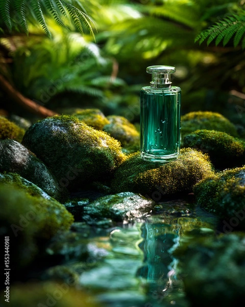 Obraz Emerald Green Perfume Bottle standing on Velvety Green moss-covered rocks. Perfume Mockup Concept