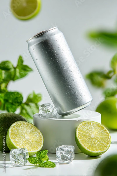 Obraz Soft Drink Bottle Mockup with Green Lime and Ice Glass