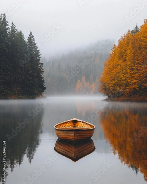Obraz Small Wooden Rowboat on Calm Gray Lake in Misty Forest