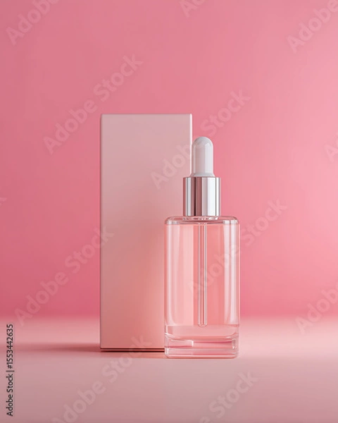 Obraz Pink Cosmetic Serum Bottle with Colored Matching Box and Background