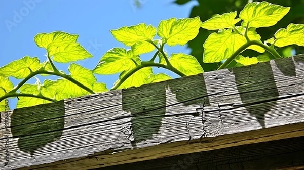 Obraz Overgrown tomato vines creating a tangled network through damaged stage materials, with vibrant leaves contrasting cracked wood