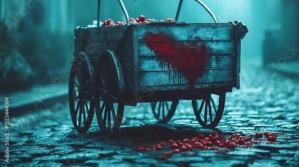 Fototapeta Old wooden market cart with visible red tomato stains smeared across weathered wood, abandoned on textured cobblestone street