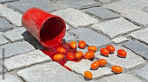 Fototapeta Overflowing tomato bucket causing bright red splash on old cobblestone surface, vivid juice pooling in stone crevices