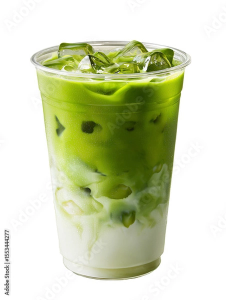 Fototapeta iced matcha latte in plastic cup on transparent background