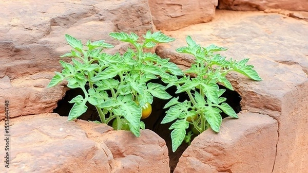 Fototapeta Nature reclaiming an old stage as tomato plants burst through cracks, blending decay with new life in detailed focus