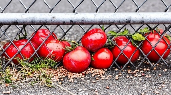 Fototapeta Mesh fencing covered in scattered seeds and delicate tomato skins from a recent impact, wet juice stains visible