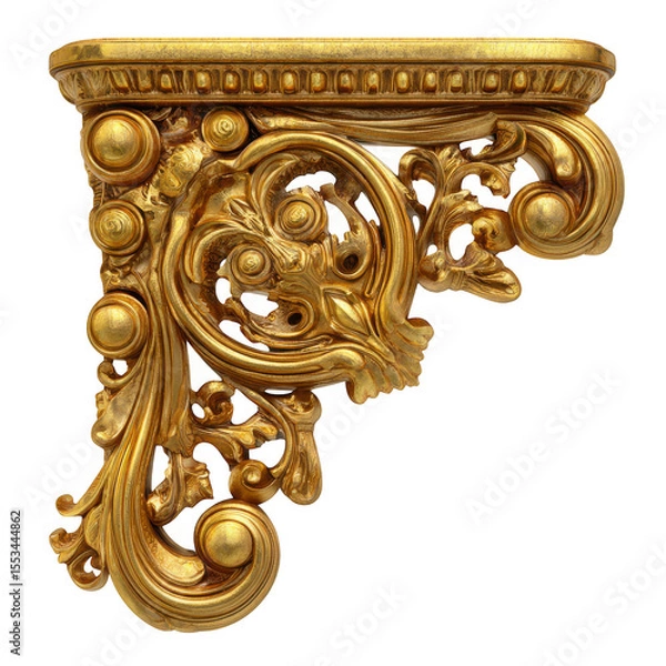 Fototapeta Ornate gilded decorative architectural element with intricate scrollwork and floral motifs isolated on transparent background