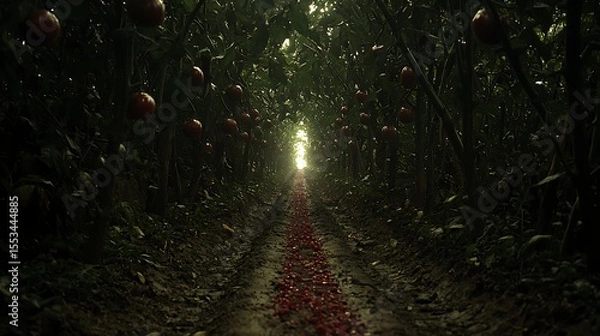 Obraz Moody afternoon light casting glow on drainage ditch streaked with rich red tomato pulp, wet ground textures enhanced