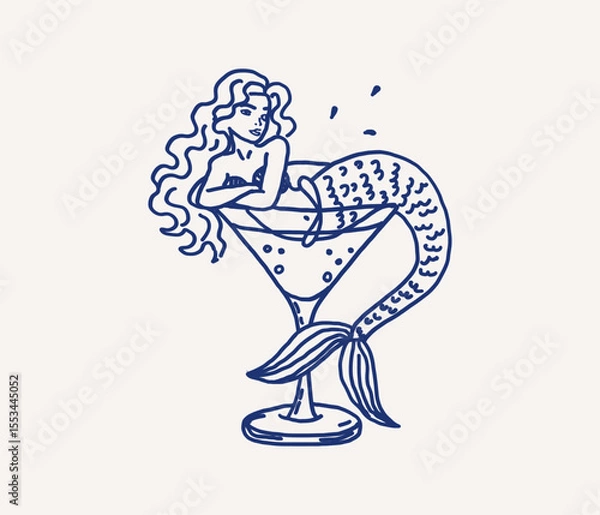 Fototapeta Whimsical line art mermaid lounging in a cocktail glass, showcasing flowing hair and fish tail hand drawn. Playful design combines fantasy with unique drink presentation. Vector outline illustration