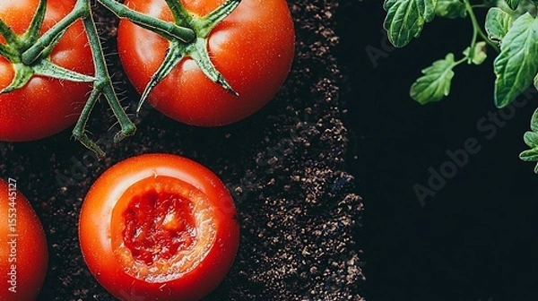 Fototapeta Macro view of gritty environment showing boot sole imprint squashing ripe tomato, bright red pulp contrasting with earthy ground