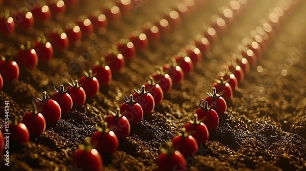Obraz High angle photo of bright red tomatoes arranged on soil creating a clear and detailed country silhouette from above