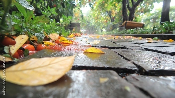 Fototapeta Gutter lined with bright red tomato residue and juice flowing along wet stone path after energetic street food fight