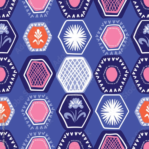Fototapeta Colorful hexagonal tiles seamless pattern, geometric elements and flowers, hand drawn vector background