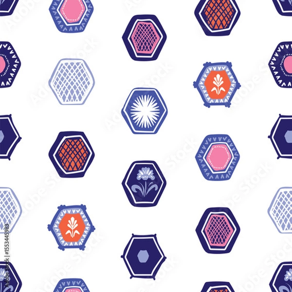 Fototapeta Seamless vector pattern displaying hexagons, featuring floral designs and geometric shapes, hexagonal background