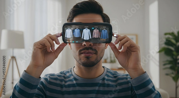 Obraz Man Experiencing Virtual Reality Shopping for Shirts