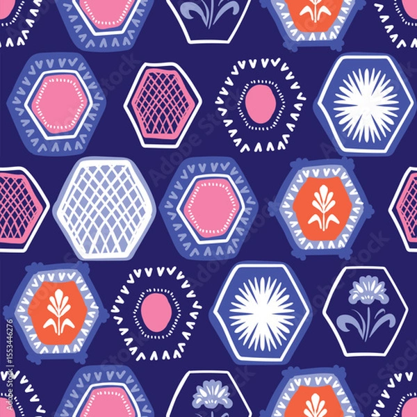 Fototapeta Hexagonal tiles with stylized floral patterns and geometric elements creating seamless vector design on deep blue background