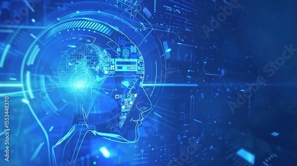 Fototapeta Abstract futuristic digital background with blue color, hologram head of artificial intelligence, and cyber elements for a technology concept.