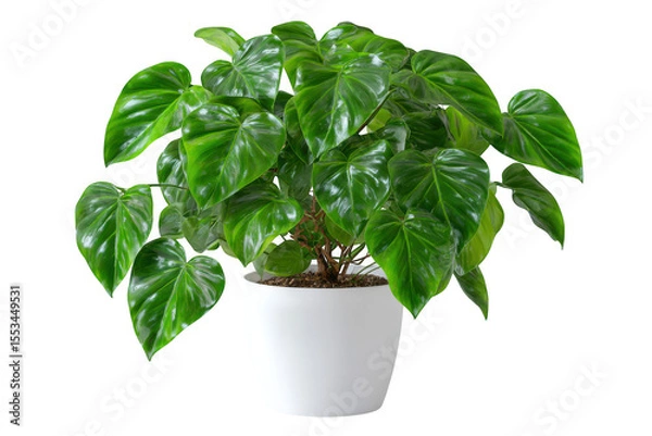 Fototapeta Lush philodendron selloum plant with large glossy green heart shaped leaves in a white pot isolated on transparent background