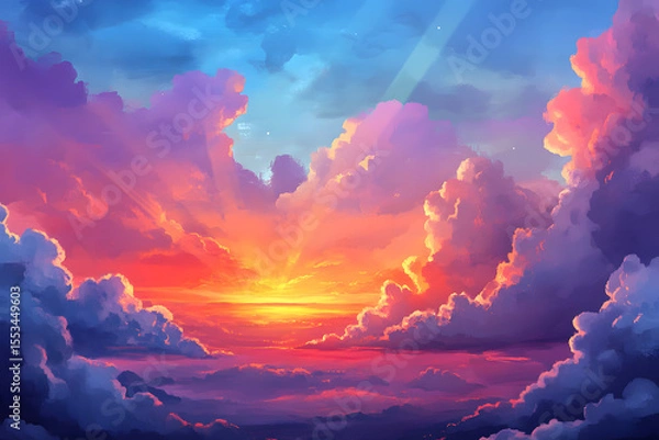 Fototapeta a painting of a sunset with clouds and a plane