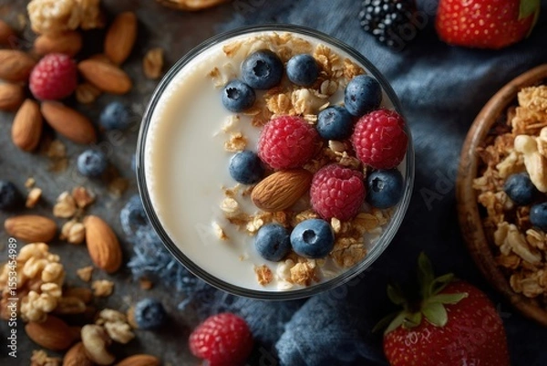 Fototapeta A vibrant breakfast bowl features creamy yogurt topped with blueberries, raspberries, and crunchy granola, surrounded by nuts and fresh fruit