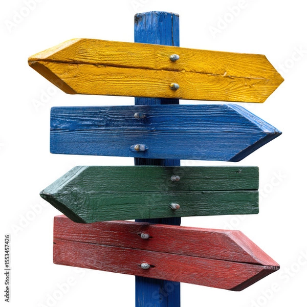 Fototapeta Colorful wooden directional signpost with four arrows pointing left isolated on transparent background