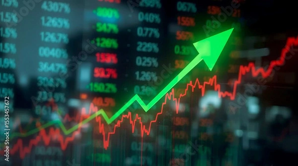 Fototapeta Investing and stock market concept gain and profits with faded candlestick charts, digital display representing financial market data and trends. The foreground features prominent green and red
