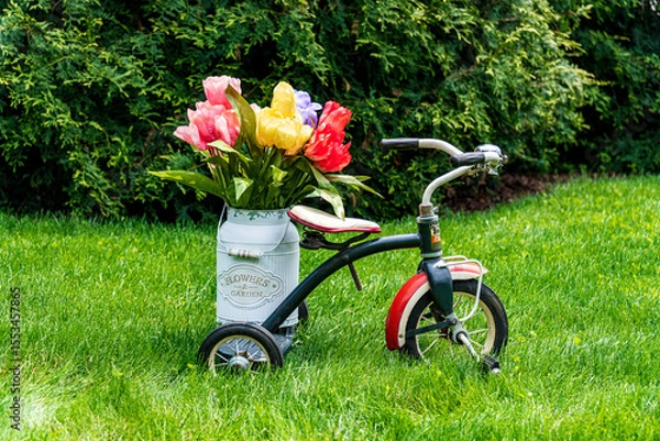 Obraz vintage tricycle on green grass with old milk jug filled with tulips and green pine tree background