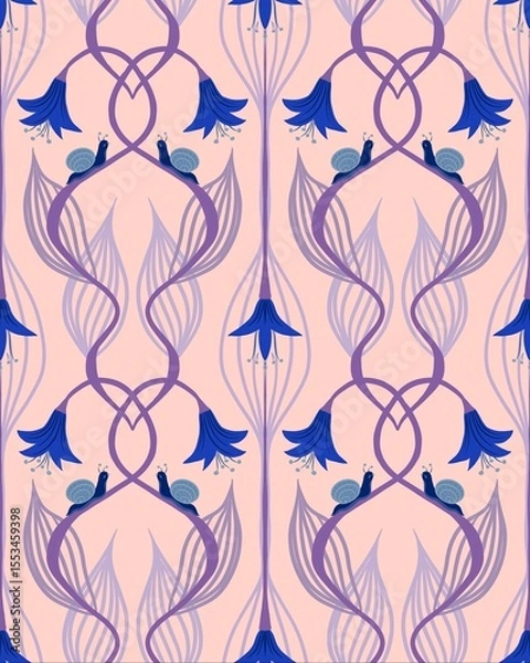 Fototapeta Whimsical Art Nouveau-style floral pattern featuring bellflowers and snails. Great for fabrics, digital papers, and home decor.