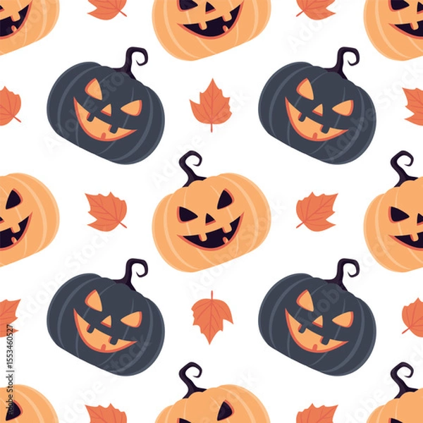 Fototapeta Seamless pattern with black and orange pumpkins, autumn leaves and Halloween faces. Fun pumpkin design for Halloween decor, fabric, wrapping. Pumpkins pattern in modern vector style. Pumpkin vector.