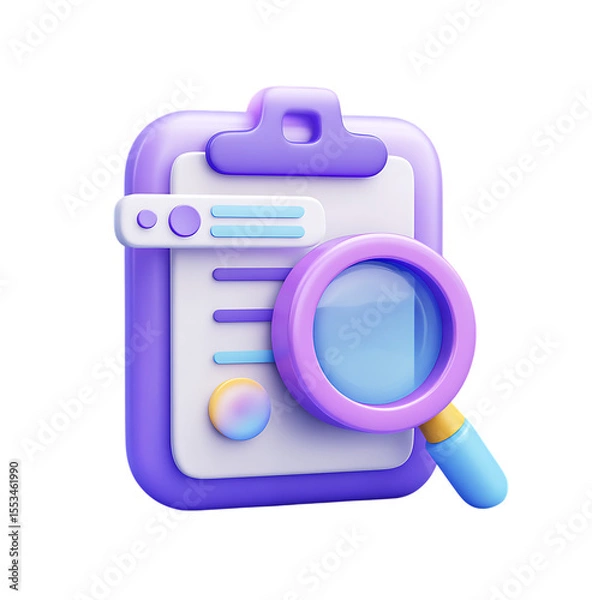 Fototapeta 3D icon of a simple illustration in purple and blue colors on a transparent background for a website design with a search bar on the top left side of the page.