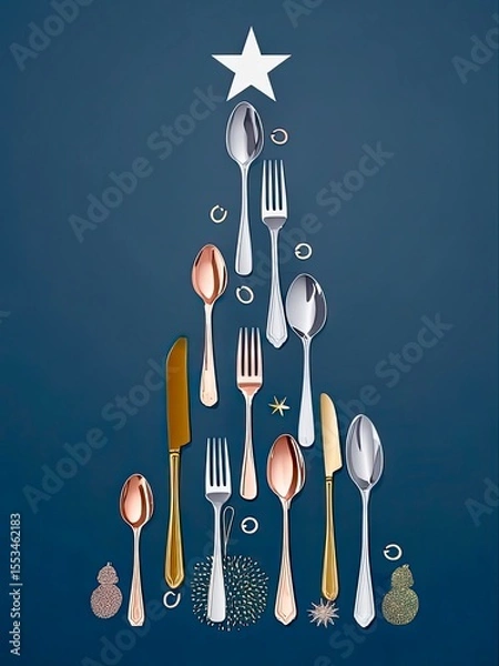 Fototapeta Silver Cutlery Christmas Tree Composition

