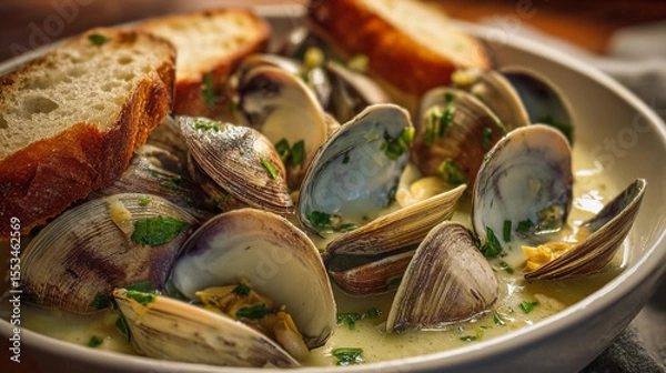 Obraz Clams served in creamy sauce with crusty bread on a rustic table
