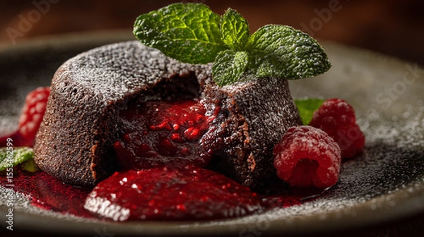 Obraz Decadent chocolate lava cake served with raspberry sauce