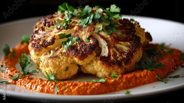 Obraz Delicious roasted cauliflower served with vibrant sauce and herbs