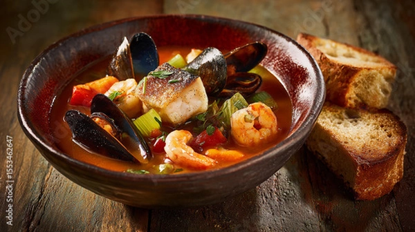 Obraz Delicious seafood stew served in a rustic bowl with bread