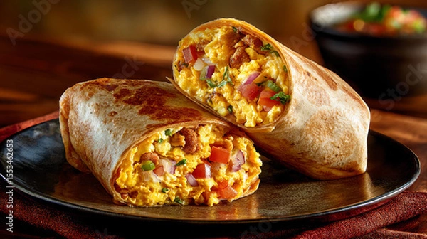 Obraz Delicious breakfast burritos served on a black plate