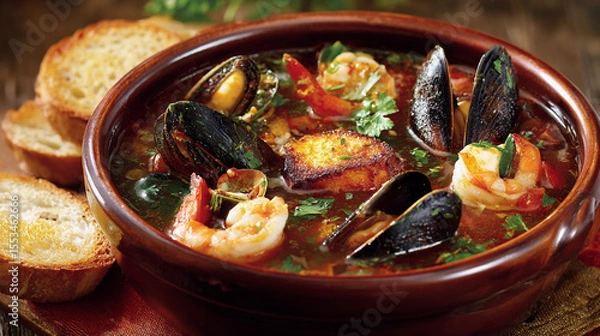 Obraz Delicious seafood stew with fresh herbs and toasted bread served hot