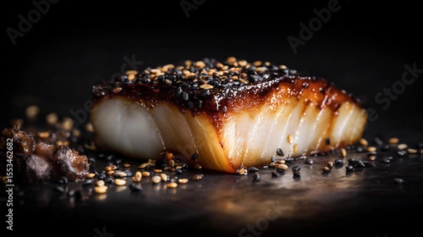 Obraz Delicious blackened fish served with sesame seeds on dark surface
