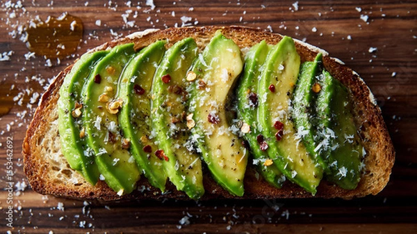 Obraz Delicious avocado toast topped with herbs and spices on wood