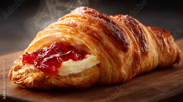 Obraz Freshly baked croissant filled with cream and jam on wooden board