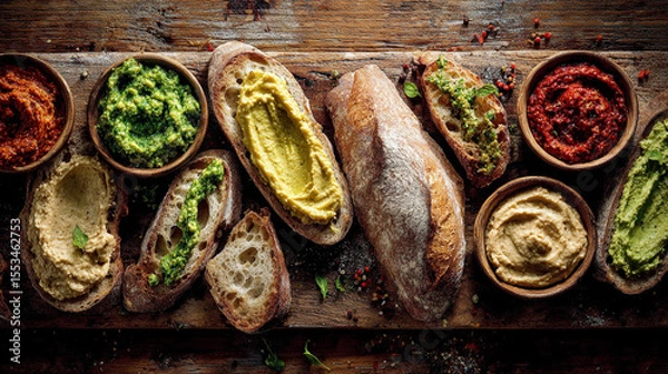 Obraz Delicious spread of artisanal breads and colorful dips on wooden board