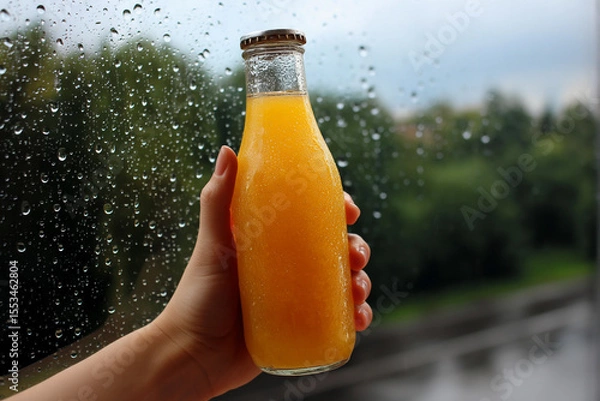 Obraz Fresh orange juice captured near a rainy window in a cozy setting