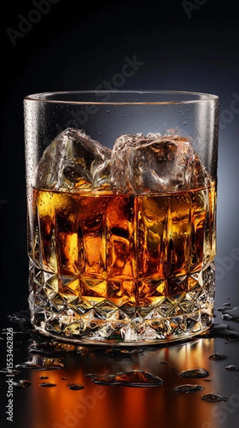 Obraz Sparkling whiskey glass with ice against a dark background