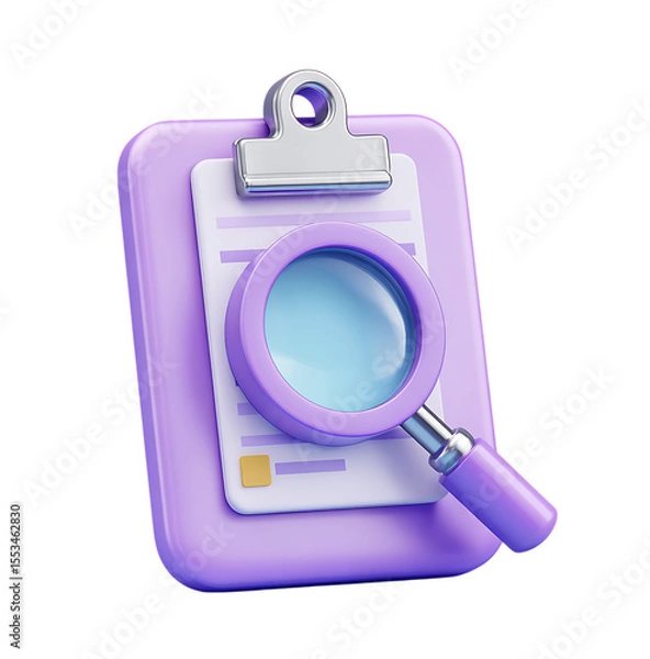 Fototapeta 3D icon of a purple clipboard with paper and a magnifying glass.