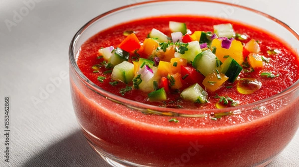 Obraz Fresh gazpacho served with colorful vegetable toppings
