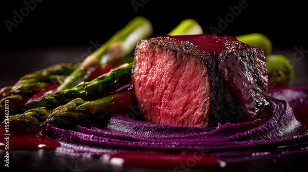 Obraz Grilled steak served with asparagus and purple puree at dinner
