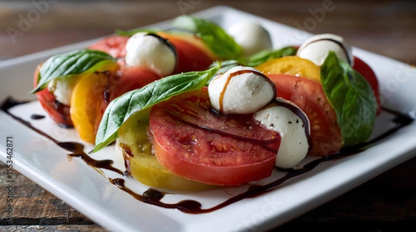 Obraz Fresh mozzarella and tomato salad presented on a white plate