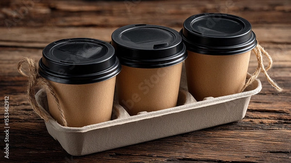 Obraz Three coffee cups on a wooden table ready for serving