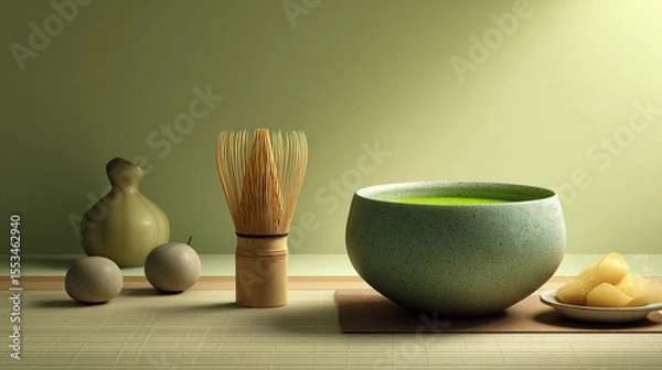 Obraz Vibrant matcha preparation with unique utensils in serene setting
